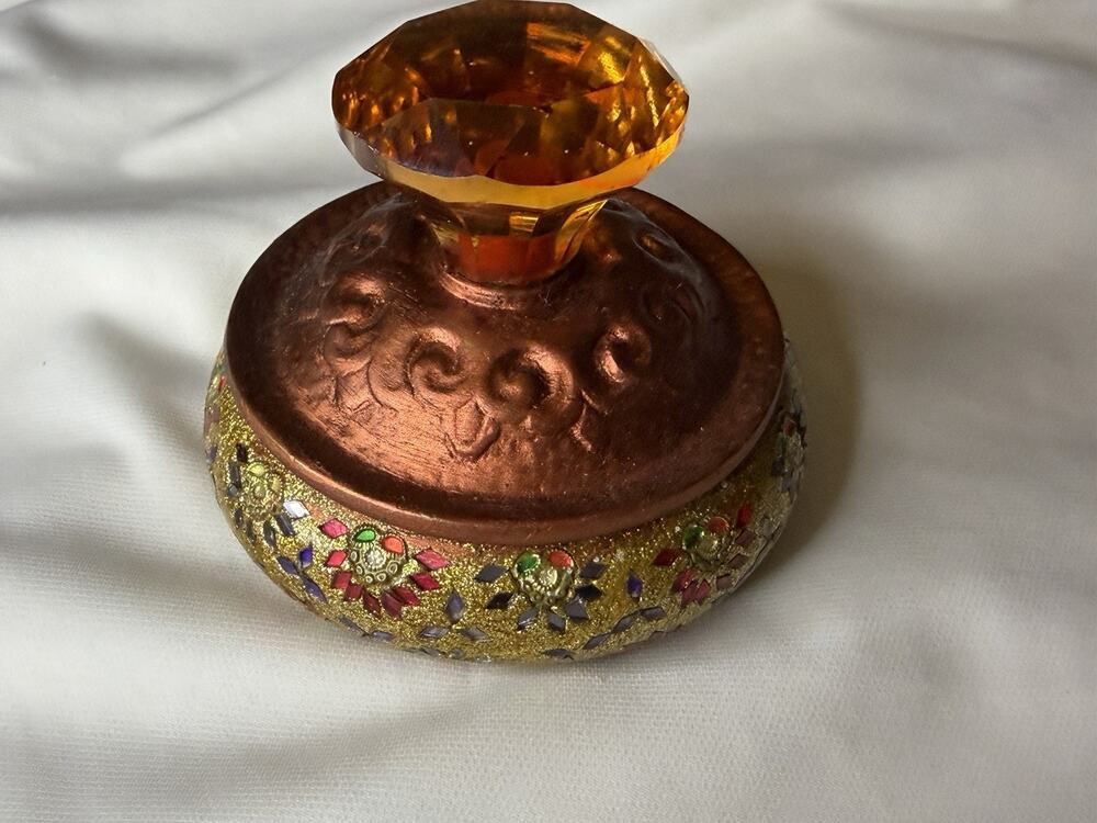Vintage Mosaic Glass Vanity Palm Mirror Brass Amber Crystal Knob